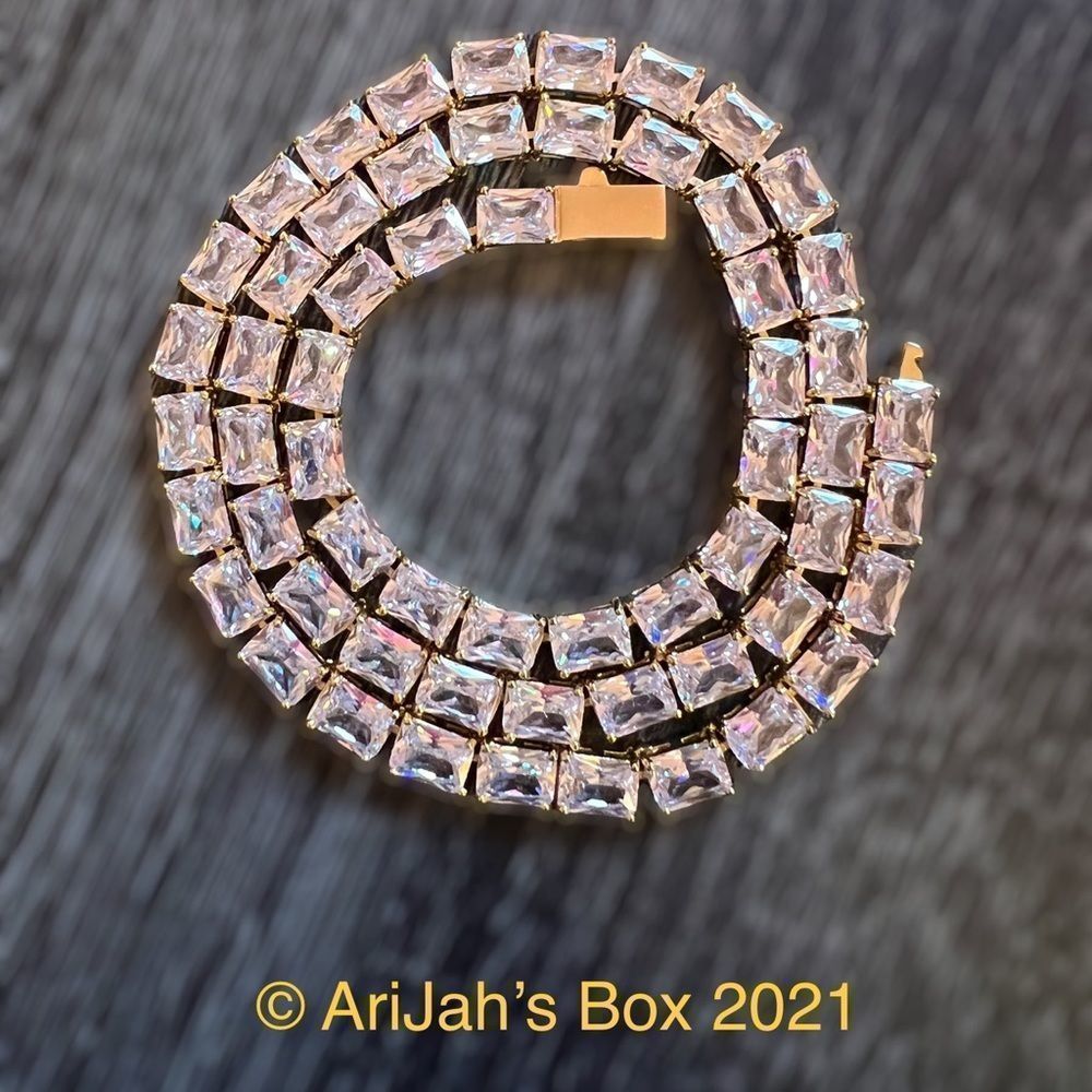 Gold 5mm Princess Cut Rectangular Diamond Tennis Chain Necklace